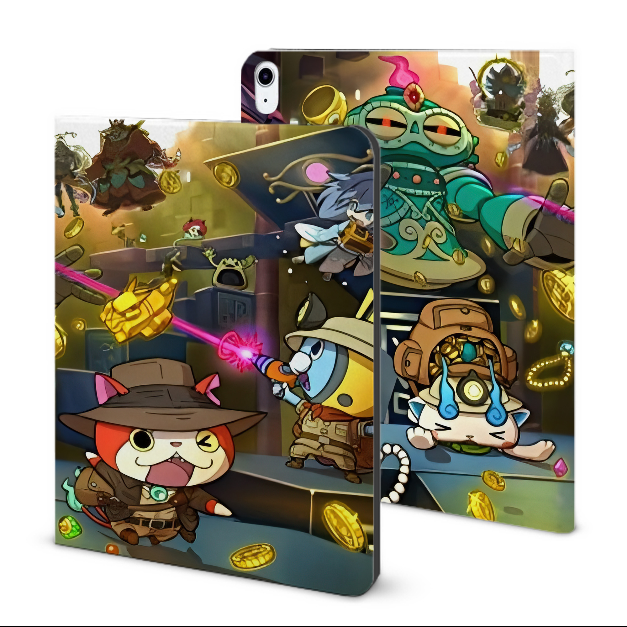（画像用） 妖怪ウォッチ Yo-kai Watch IPad ケース ブック型 PUレザー TPU 耐衝撃 軽量 薄型 ペン収納なし 全面保護 IPad 各モデル対応